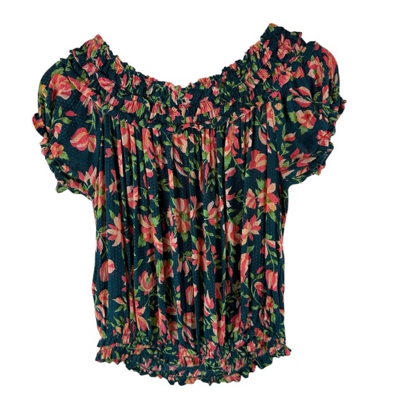 Free People Suki Top Women's Small Green Floral Smocked Off the Shoulder - Picture 4 of 8